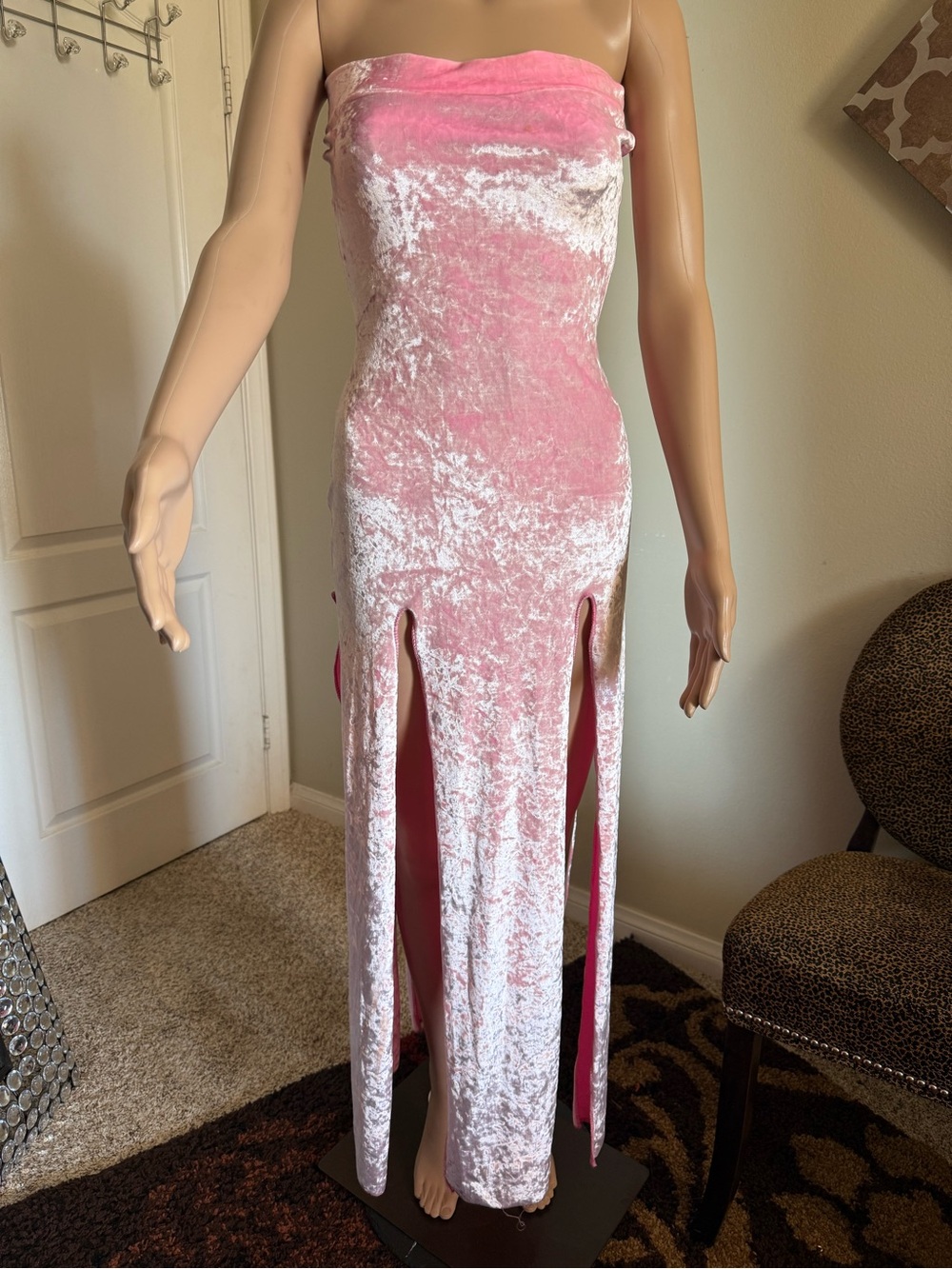 Strapless Pink Velvet Maxi Dress with Front Slits